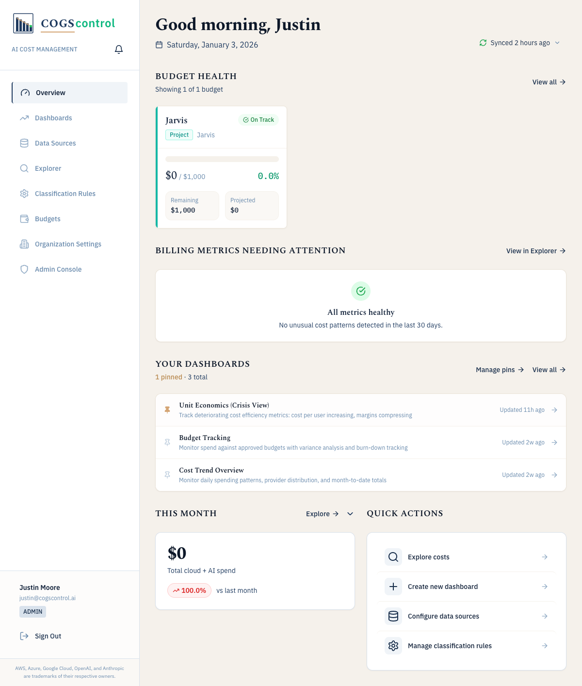 COGScontrol Dashboard - unified AI cost management across all providers